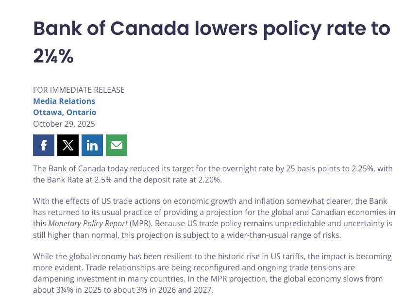 加拿大央行如期下调政策利率25基点 暗示“降息到这里差不多够了”